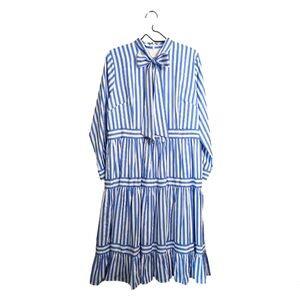 Dainty Jewells White Blue Striped Maxi Dress Long Sleeve Tie-Neck Bow Pockets XL
